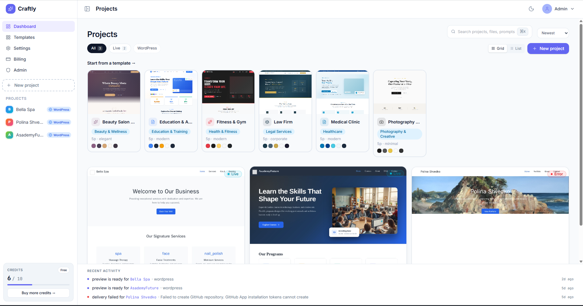 Craftly dashboard